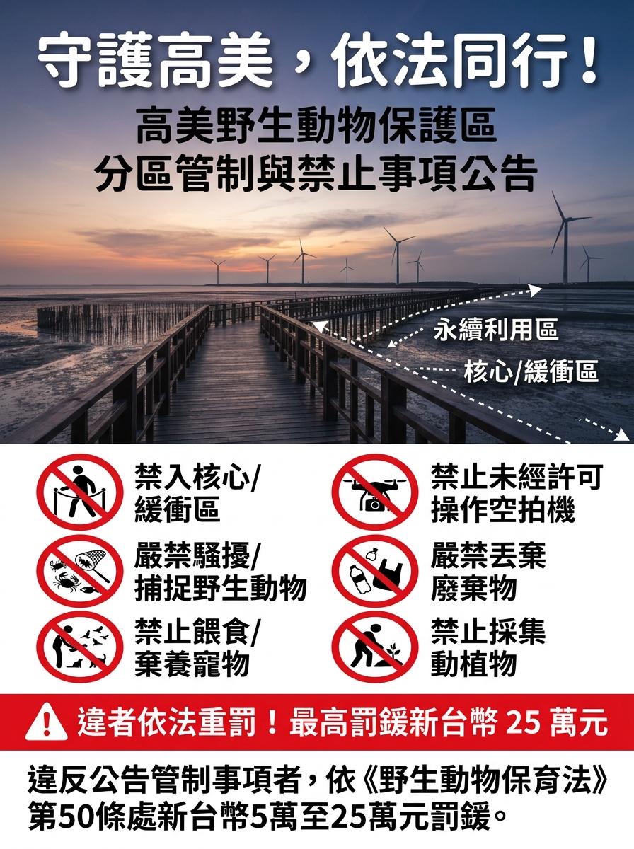 ⚠臺中市政府公告「高美野生動物保護區分區範圍及管制事項」,惠請各會員轉知所屬移工遵守相關規定
